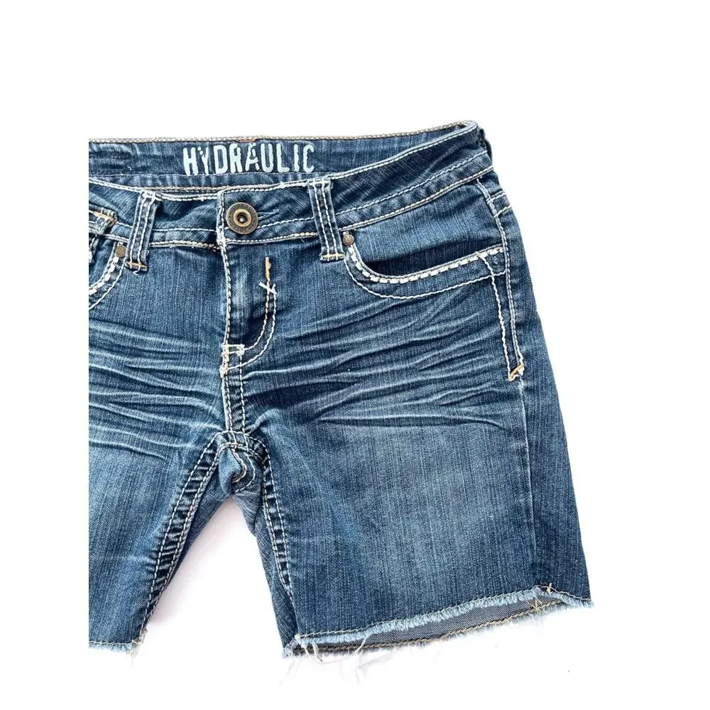 y2K Hydraulic Women's Jean Shorts Embellished Back Flap Pockets White Stitching
